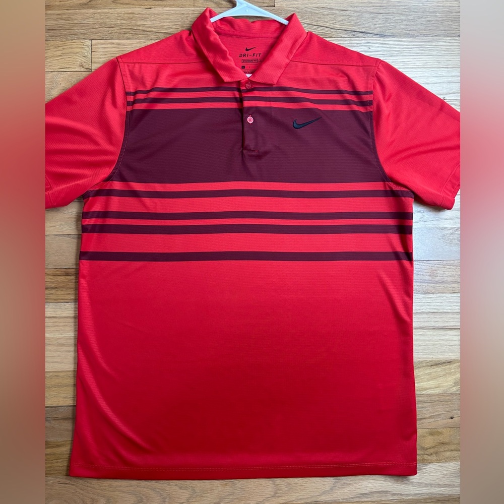 Nike Men's Red and Maroon Striped Polo Shirt